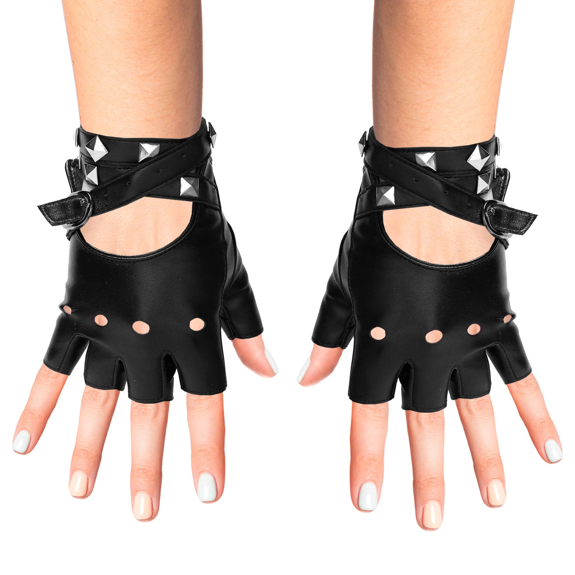 SkeleteenFingerless Faux Leather Gloves - Black Biker Punk Gloves with Belt Up Closure and Rivet Design for Women and Kids