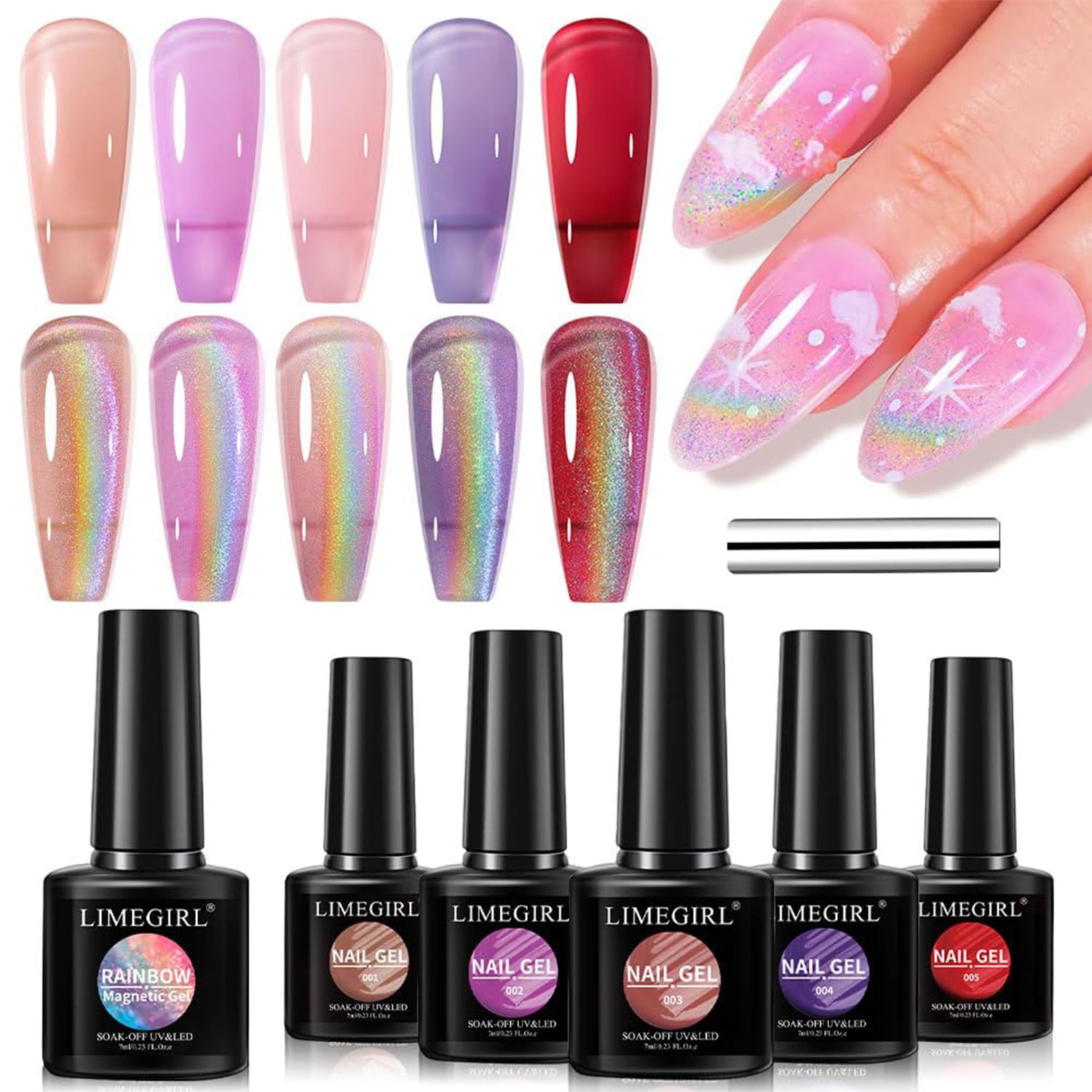 Rainbow Cat Eye Gel Nail Polish Set of 5 Colors Jelly Gel Polish - Holographic Glitter Gel Polish Magnetic Cateye Gel Polish - Soak Off LED Polish Set Nail Art Salon DIY Gifts