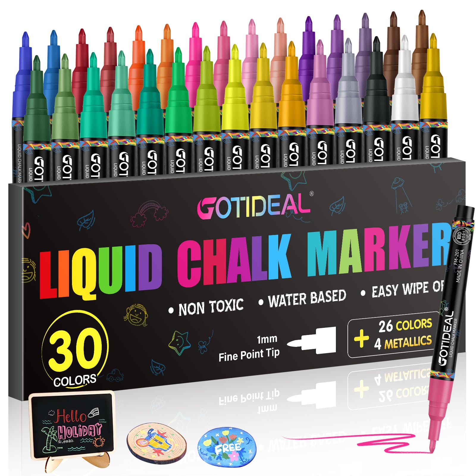 GOTIDEAL Liquid Chalk Markers, Fine Tip Chalk Markers for Blackboard, Erasable Chalk Pen for Chalk Board Window Glass and Acrylic Calendar 1mm 30 Colors