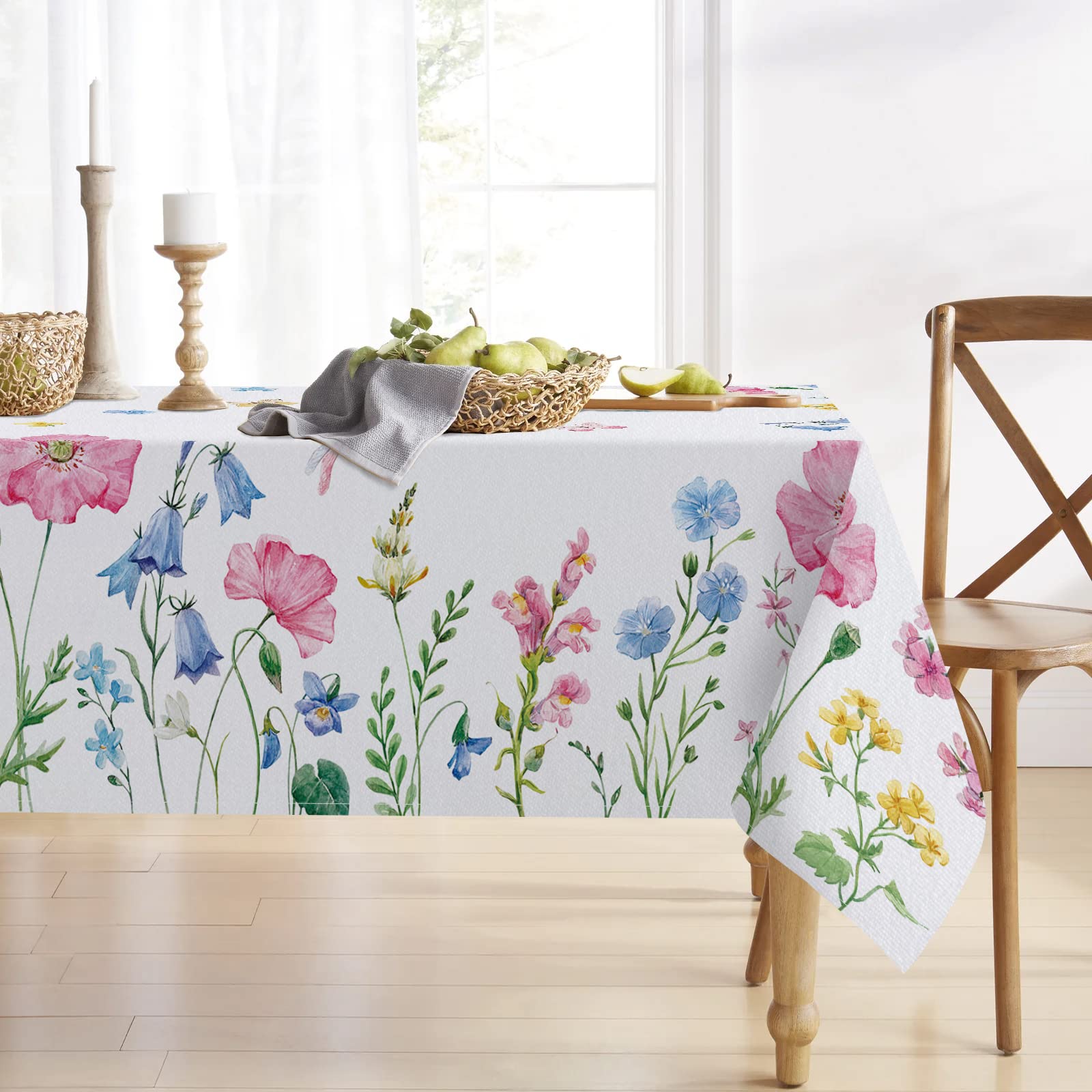 Spring Summer Floral Flowers Rectangle Tablecloth 60 x 84 Inch, Poppy Bellflower Bloom Decorative Table Cloth Wildflower Dining Table Cover, Butterfly Seasonal Dinner Party Picnic Decoration