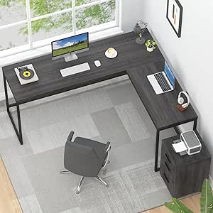 HSH L Shaped Desk with Drawers, L Shape Computer Desk with Mobile File Cabinet, Reversible Industrial Wood and Metal Home Office Desk, Computer Table for Work Writing Study Gaming, Gray 59 x 55 inch