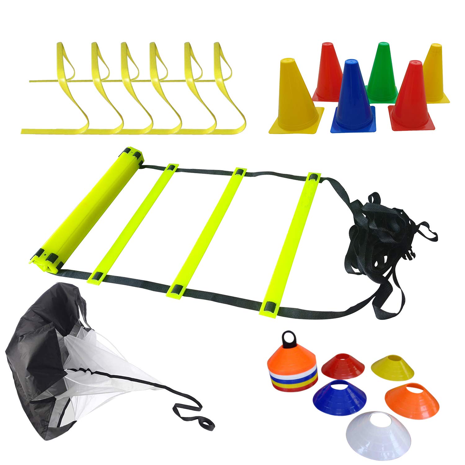 ROXAN Football Training Kit Plastic Agility Hurdle, Marker Cones, Running Parachute, Agility Ladder & Sucer Cones With Stand, Size-6 Inch (Multicolour)