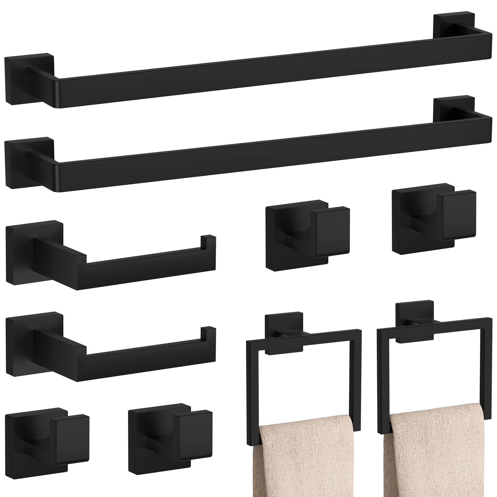 10-Pieces Matte Black Bathroom Accessories Set, 23.6 Inch Bath Towel Bar Set, SUS 304 Stainless Steel Bathroom Hardware Set, Towel Racks for Bathroom Wall Mounted.