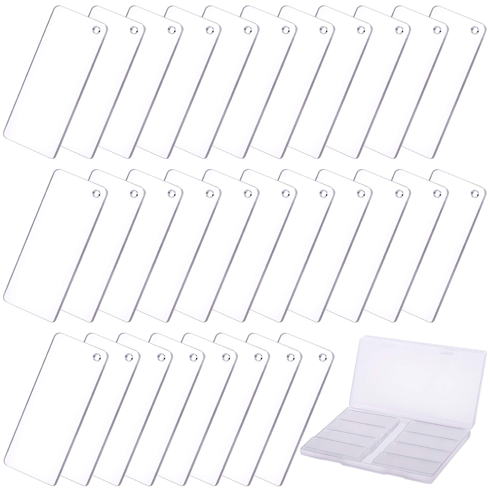 Duufin 30 Pieces Rectangle Acrylic Blanks for Keychain Clear Acrylic Blank (3 x 7cm) Ornaments Blanks with Hole Acrylic Keychain Blanks with Plastic Storage Box