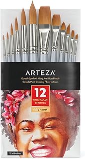 ARTEZA Watercolor Paint Brushes, Set of 12, Assorted Shapes, Synthetic Soft-Bristle Brushes