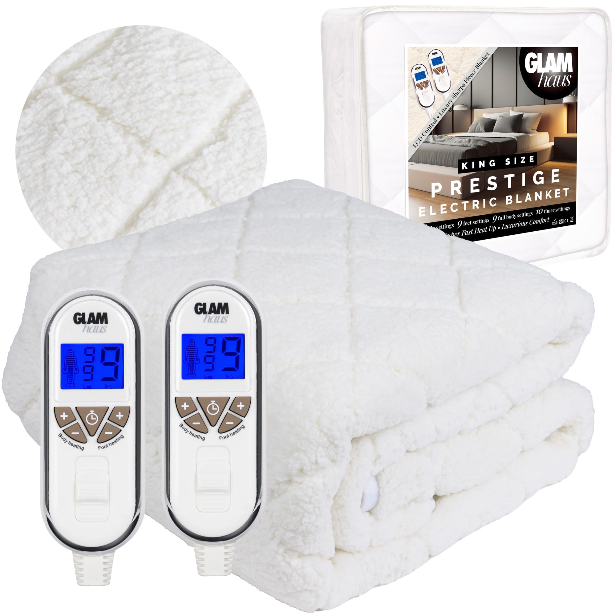 GlamHausElectric Blanket - Luxurious Diamond-Quilted Sherpa Fleece - 9 Heat & 10 Timer Settings - Individual Body & Feet Settings - Deep Elasticated Skirt - Machine Washable (King)