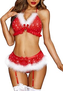 RSLOVE Lingerie Sexy de Noël avec Porte-Jarretelles et Nuisette en Forme de Père Noël Scintillant