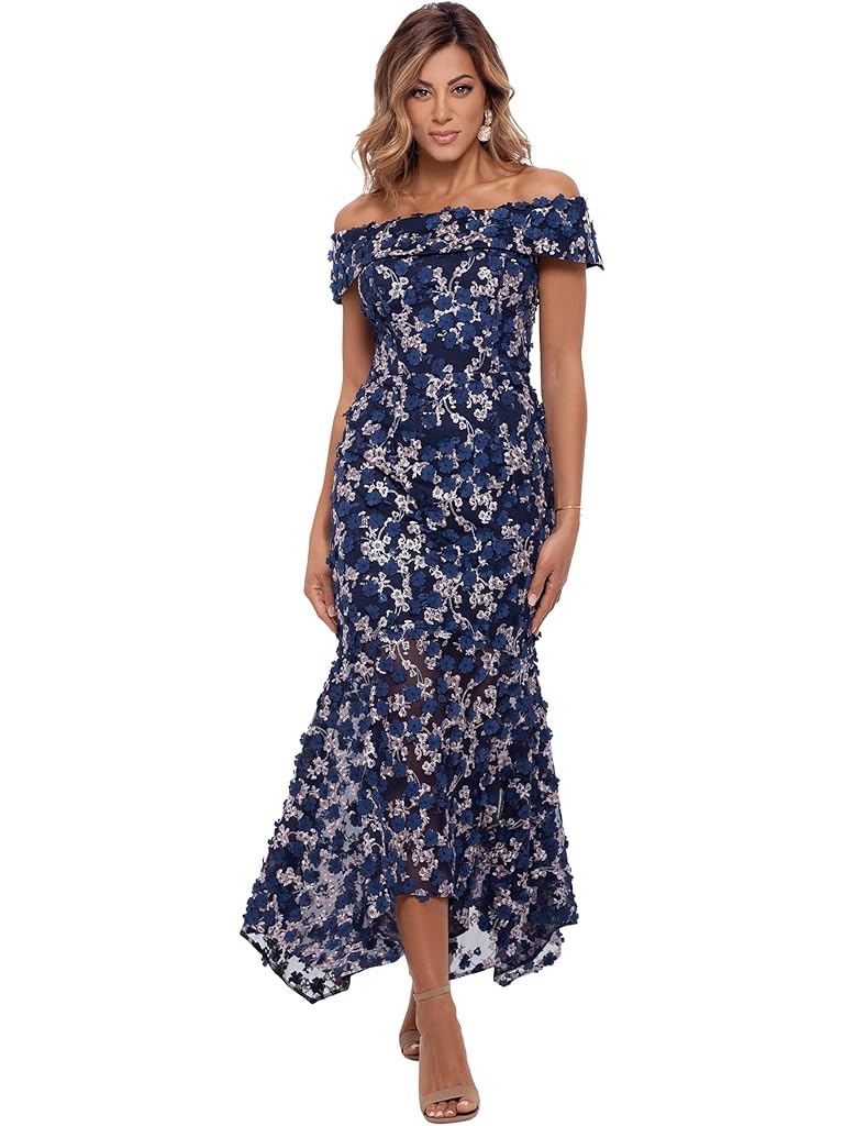 XSCAPE Midi Raised Flower Off-the-Shoulder Flounce