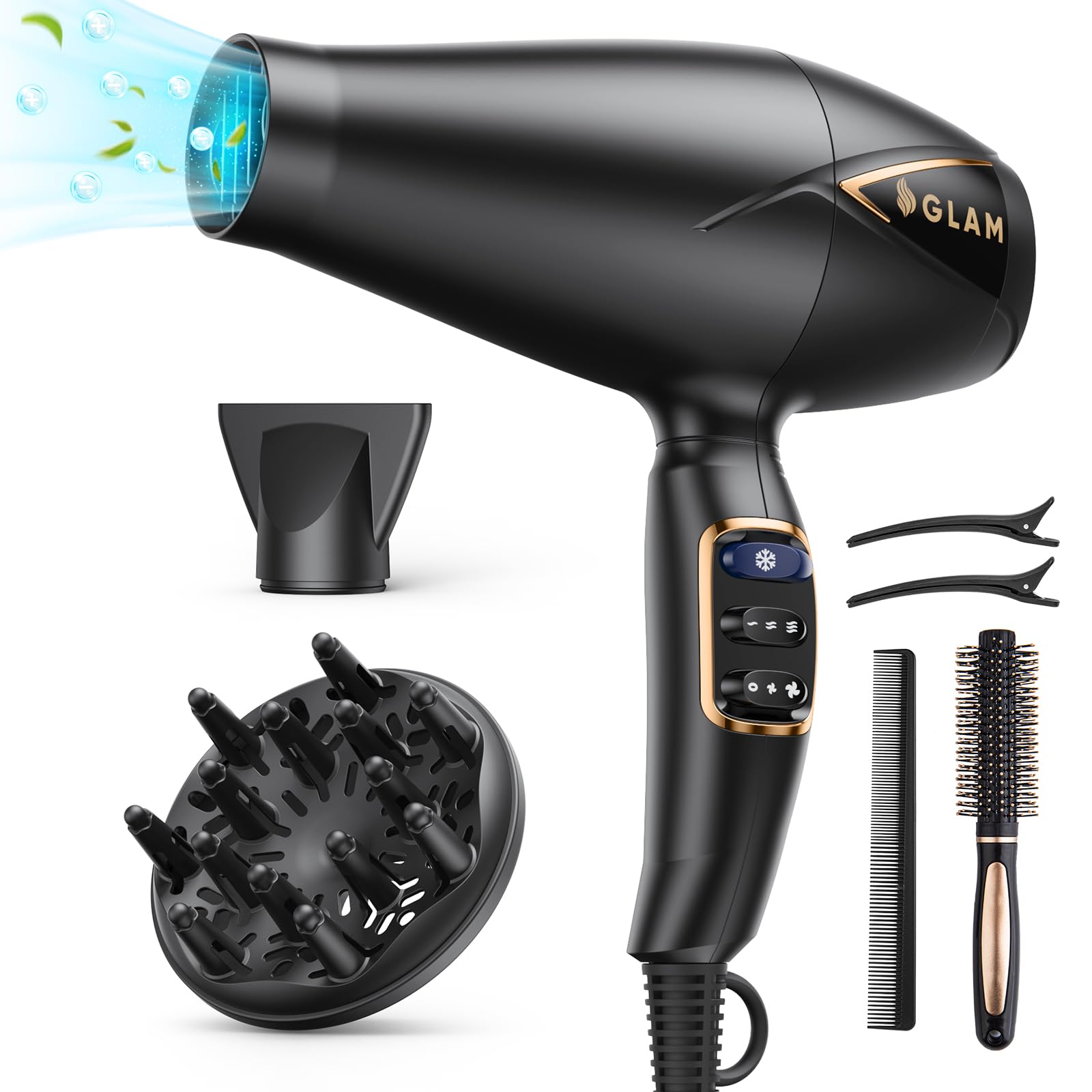 Fast Drying Hair Dryer, 2300W GLAM Salon AC Professional Hair Dryer, Pro Ionic Blow Dryer, Diffuser hairdryer, with Accessories, Ceramic Frizz-Free