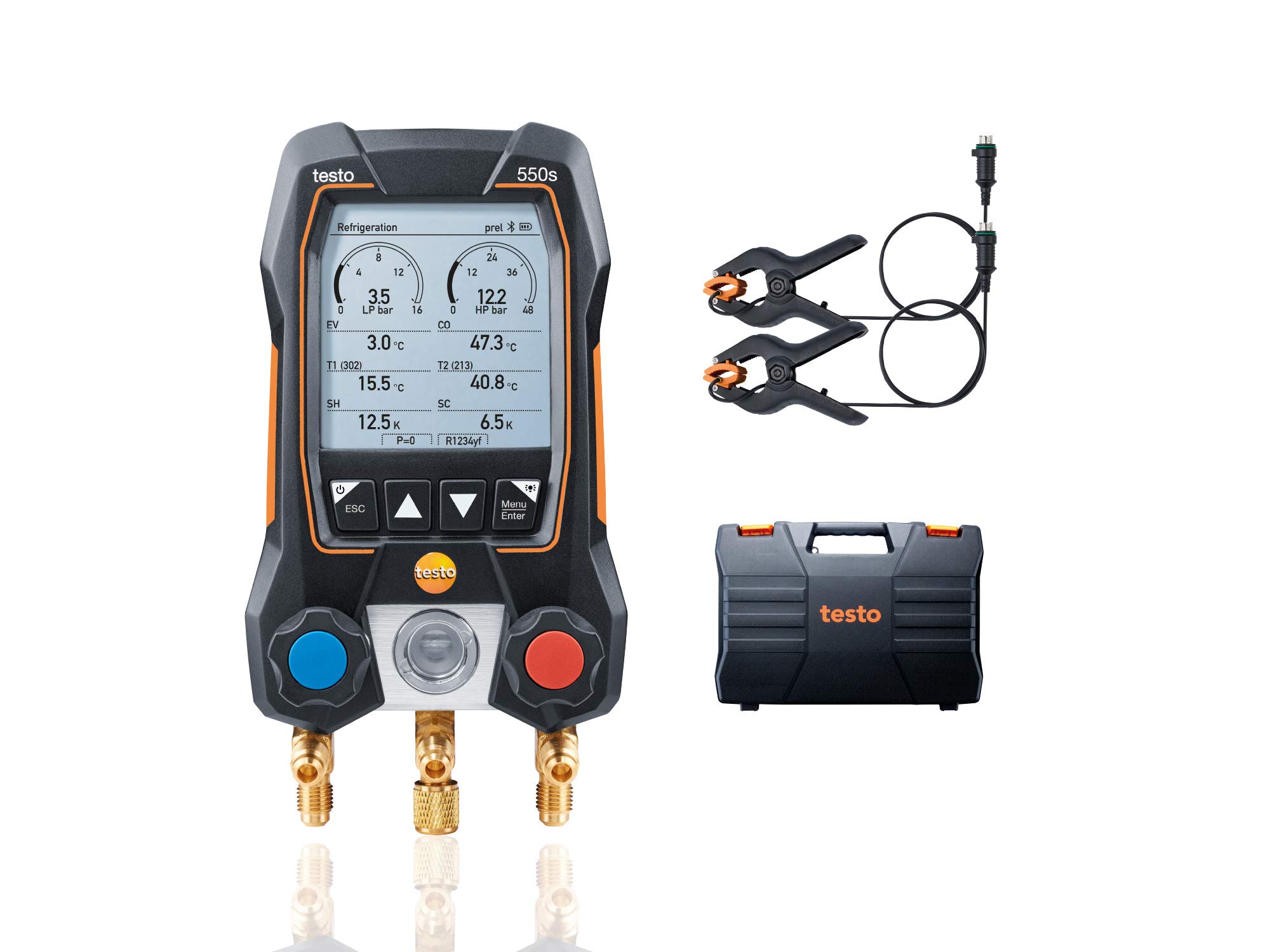 Testo 550s Kit I App Operated Digital Manifold for HVAC and Refrigeration with 2 x Wired Temperature clamp Probes I High and Low Side Pressure Measurement, Superheat and subcooling with Bluetooth