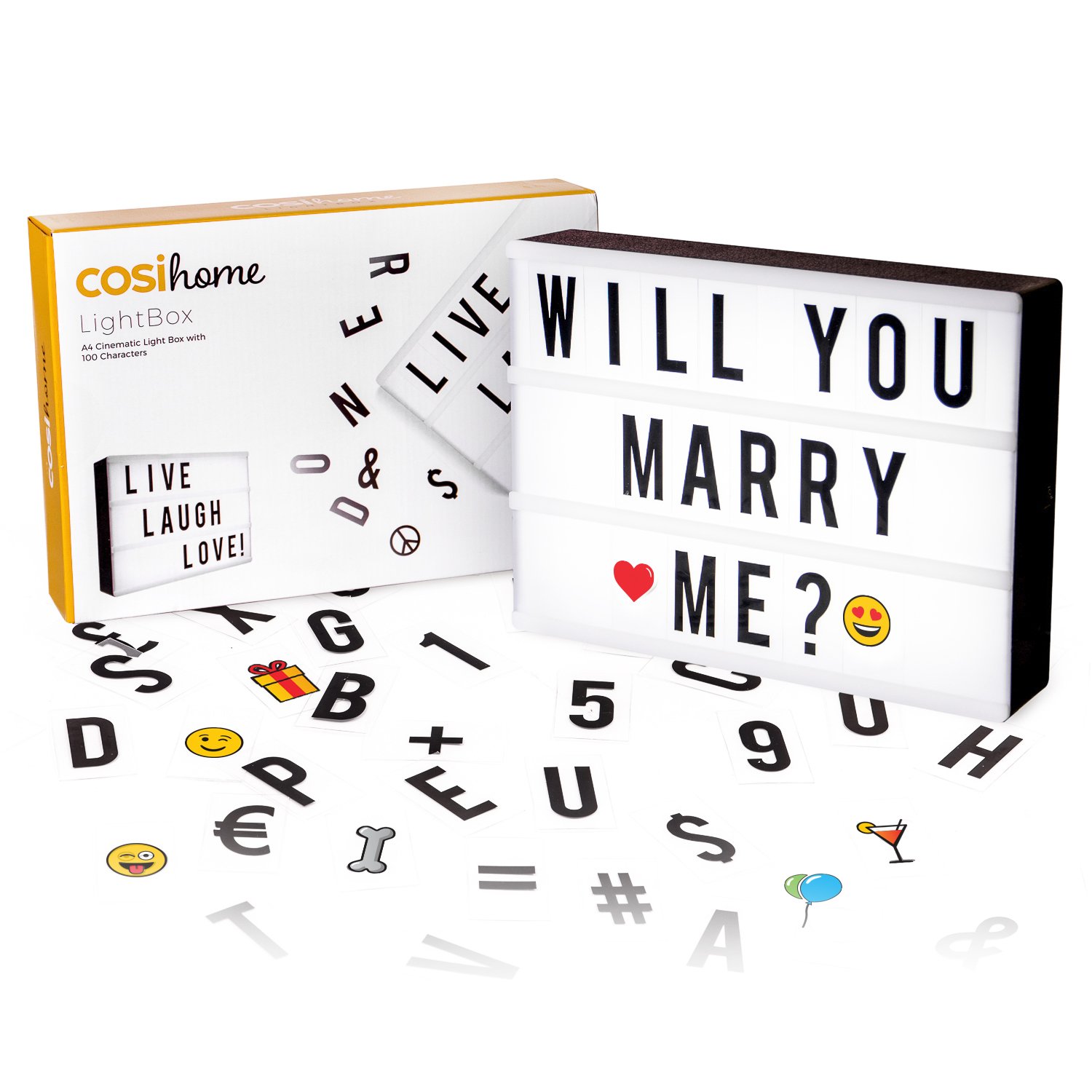 Cosi Home® A4 Cinematic Light Box with 100 Letters, Emoji, Smilies and Symbols - Personalise Your own Message - Battery and USB Power