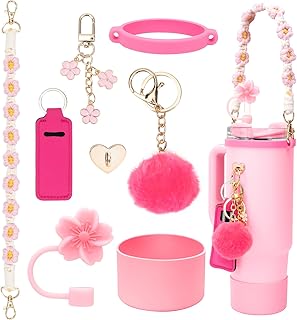 Stanley Cup Accessories Set Including 1 Pcs Water Bottle Handle Strap, 1 Pcs Siliocne Straw Cover, 1 Pcs Siliocne Stanley Cup Boot, 3 Pcs Stanley Charms for Stanley Cup 40oz & 30oz Tumbler - Pink