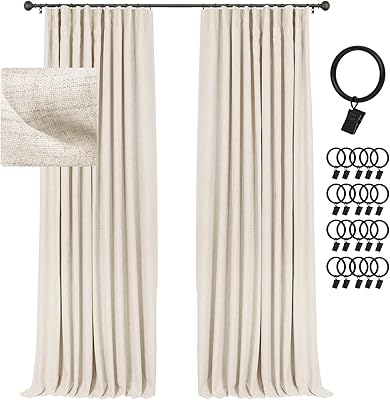 INOVADAY 100% Blackout Curtains for Bedroom, Black Out Curtains Clip Rings/Rod Pocket Linen Blackout Drapes 2 Panels Set, Thermal Insulated Drapes for Living Room, Cream, W50 x L84