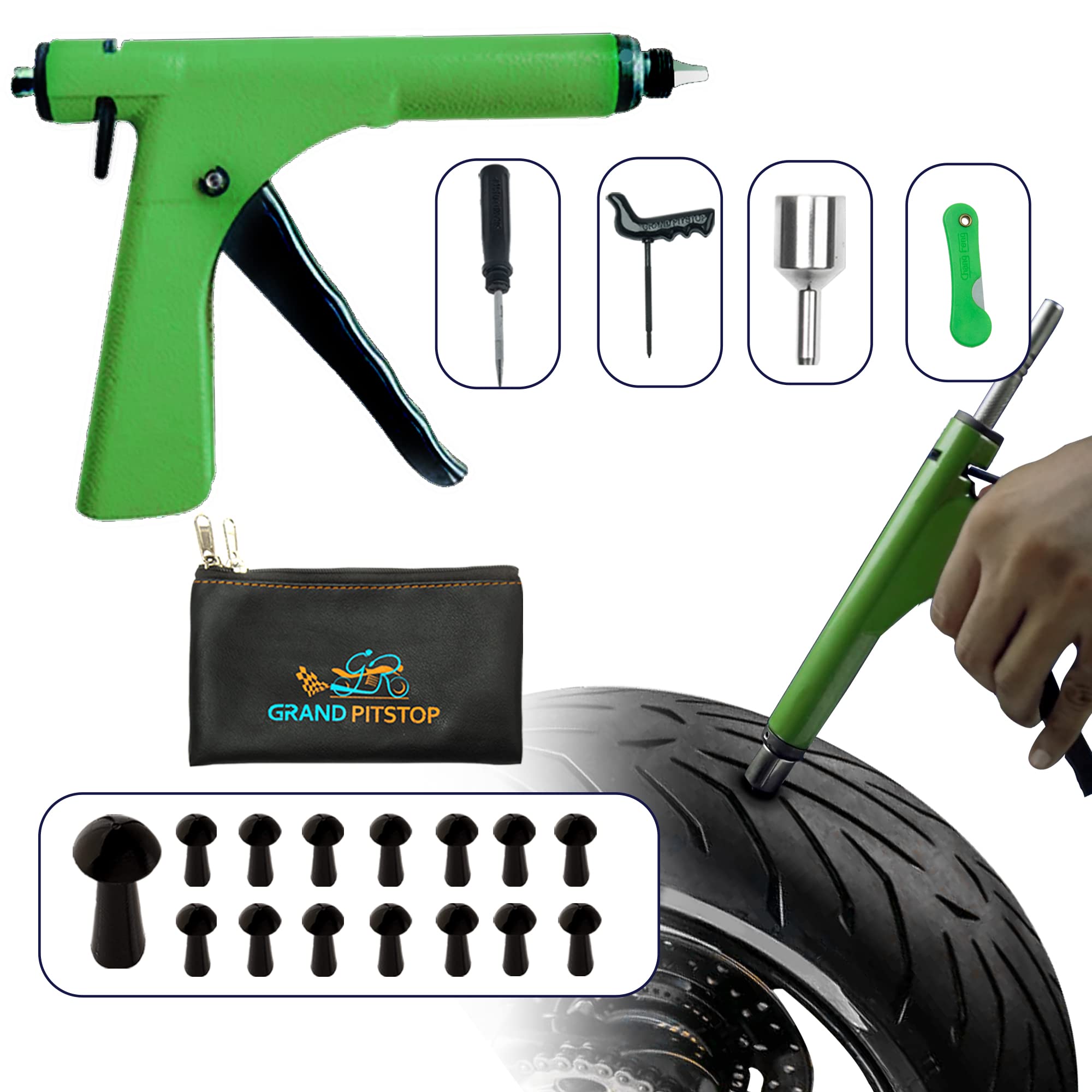 GRAND PITSTOP Tubeless Tyre Puncture Repair Kit for Motorcycle, Cars with Mushroom Plugs (15 Mushroom Plugs) (Gun Kit)