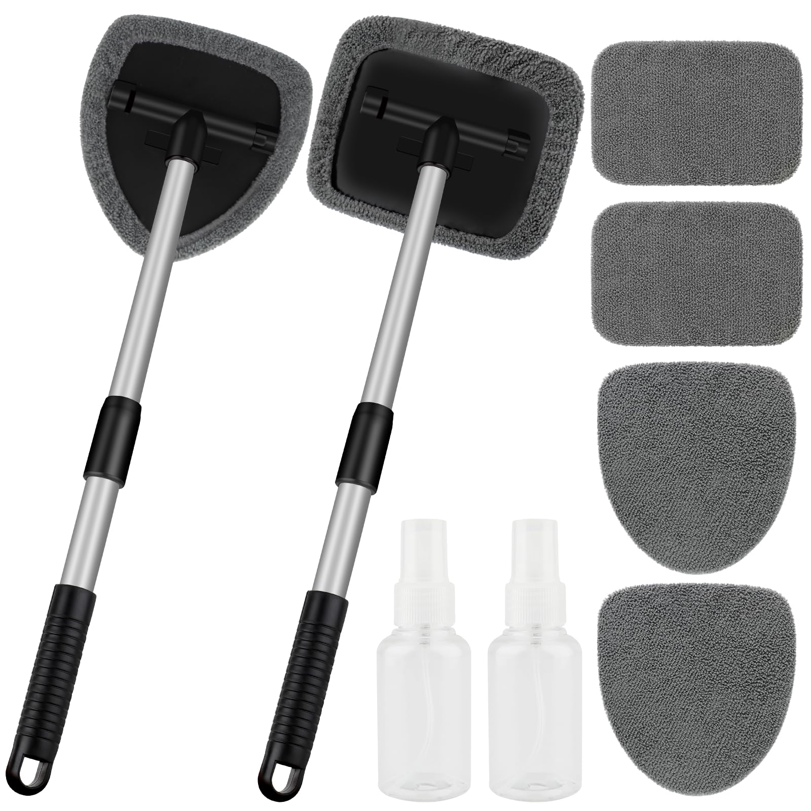 Windshield Cleaner Tool, Car Window Cleaner Tool with 4 Pcs Reusable Microfiber Pads, Extendable Handle Inside Windshield Window Cleaning Tool for Auto Glass Home(2 Pack, Gray)