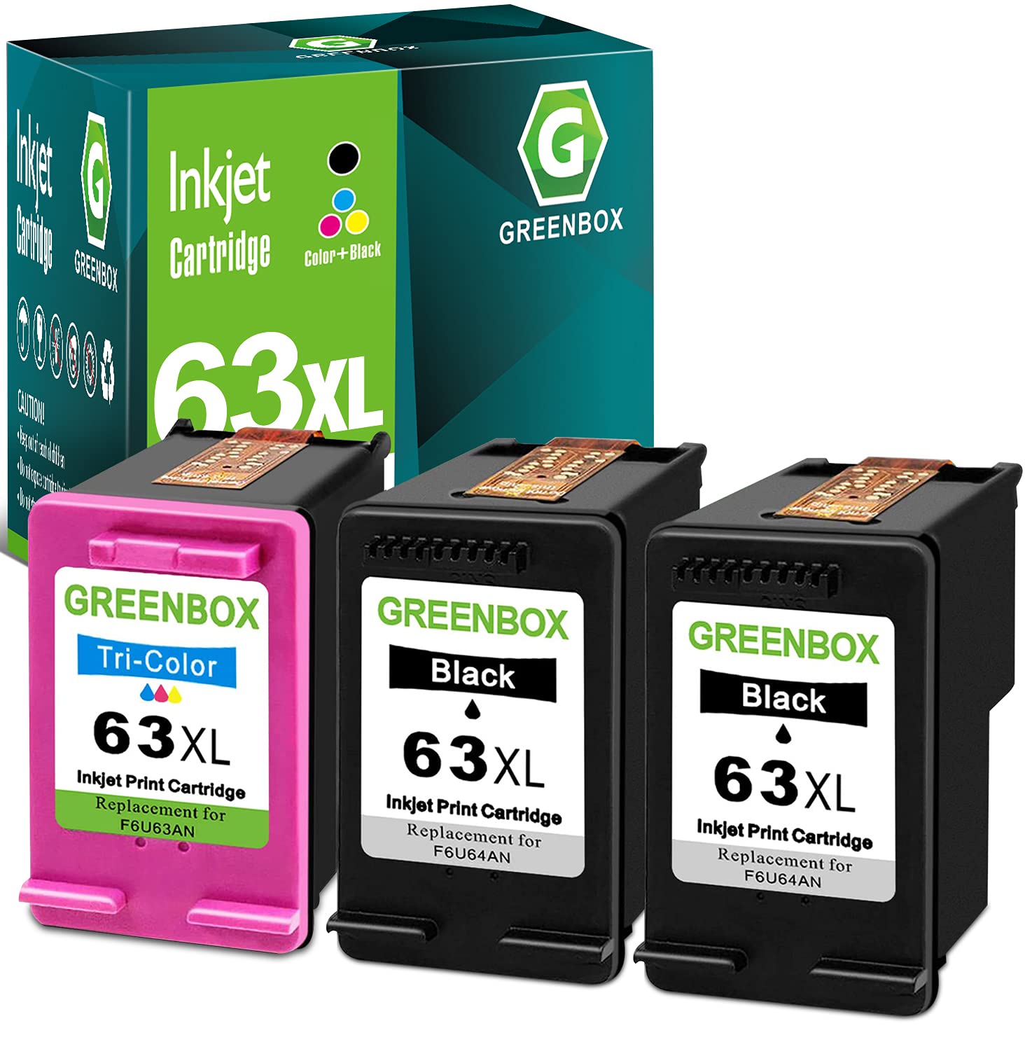 GREENBOX Remanufactured Ink Cartridge Replacement for HP 63XL 63 XL Used in HP OfficeJet 3830 5255 5258 Envy 4520 4512 4513 4516 DeskJet 1112 1110 3630 3634 2130 2132 Printer (2 Black 1 Tri-Color)