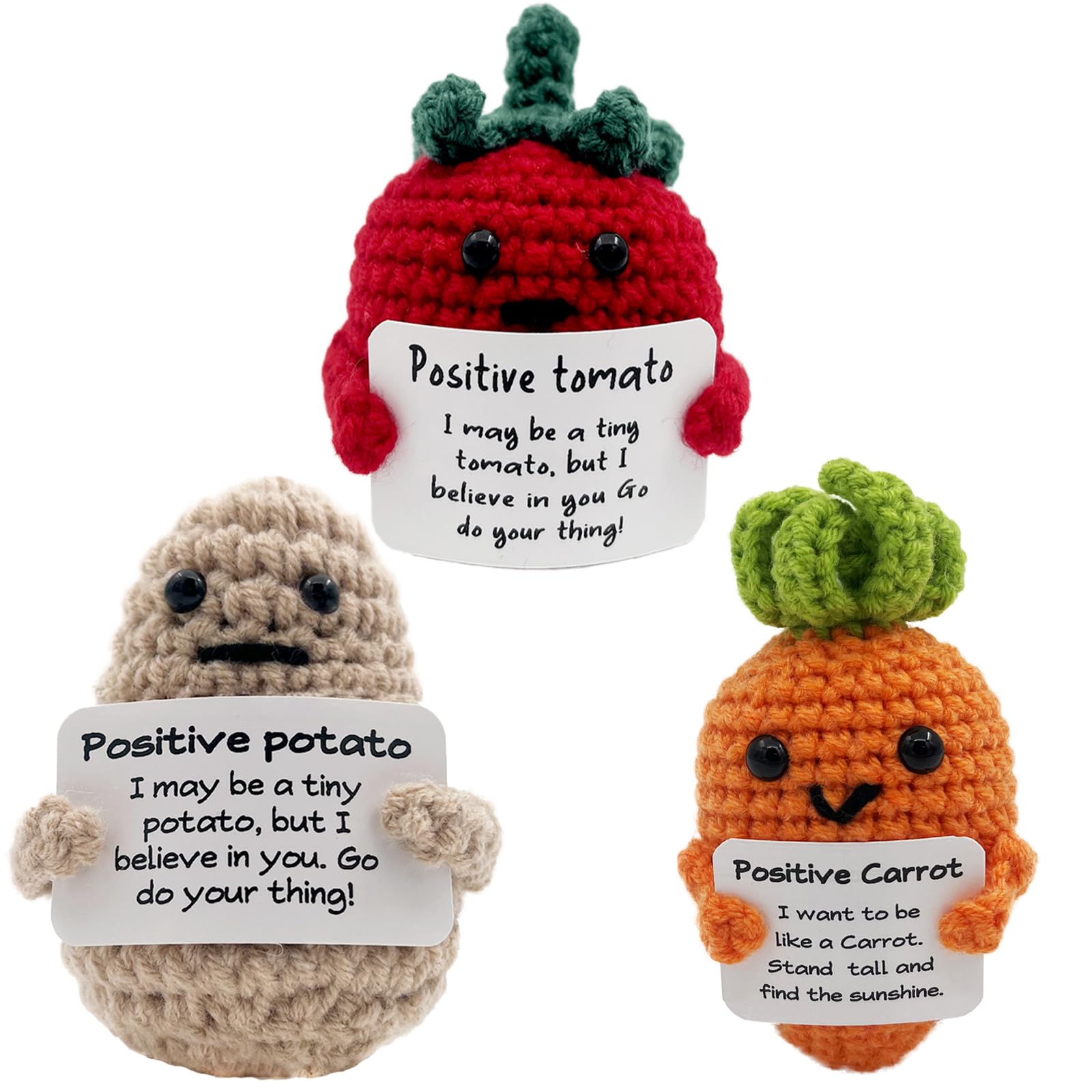 Gkuzus 3pcs Emotional Support Positive Life Potato Tomat Crochet Doll with Affirmation Card Christmas Ornament Gift Good Luck Motivational for Holiday Party