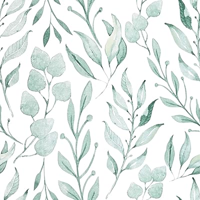 WENMER Green Leaf Wallpaper Floral Wallpaper Peel and Stick Wallpaper 17.7" x 118" Self Adhesive Watercolor Leaves Peel and Stick Wallpaper Removable Floral Contact Paper for Cabinets Wall Decor