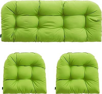 YOOZEKU Outdoor/Indoor All Weather Tufted Wicker Chair Cushions of 3 Pieces, 1 Loveseat and 2 U-Shape Waterproof Cushions for Patio Furniture,Wicker Loveseat,Bench-Lime Green