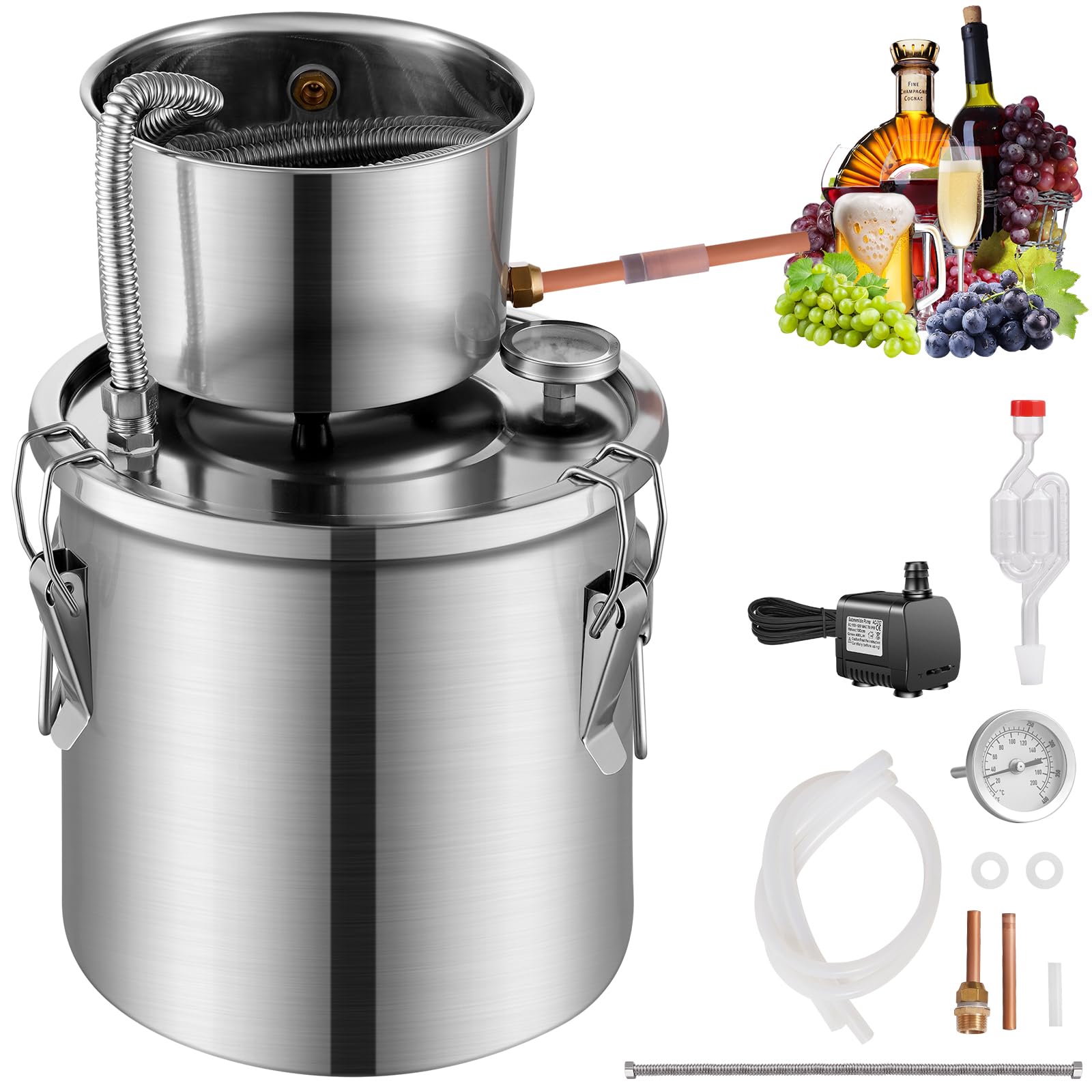 VEVOR Alcohol Still 3Gal, Alcohol Distiller Stainless Steel,Distillery Kit for Alcohol with Dual Display Thermometer & Pump