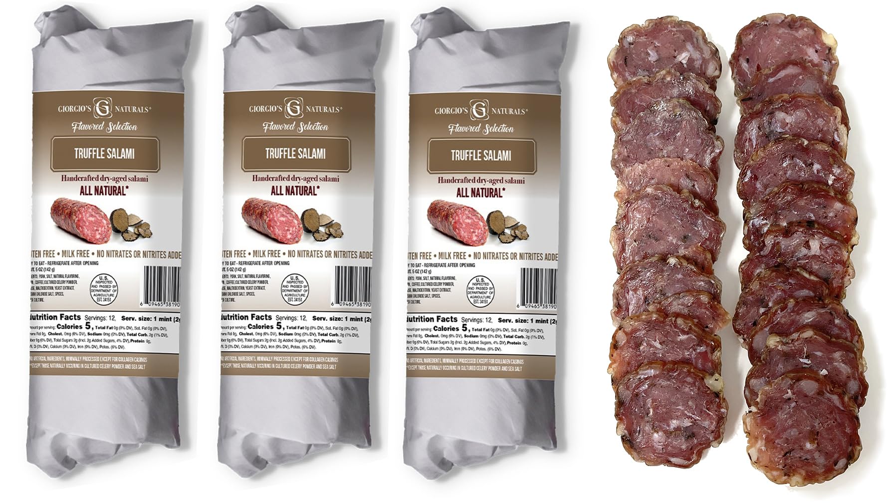 Giorgio’s Naturals Handcrafted Dry-Aged Salami – Truffle Salami 5 Ounce Pack of 3, Italian Salami, Cured Meats, Charcuterie Board