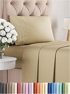 CGK Unlimited Twin XL Size 3 Piece Sheet Set - Comfy Breathable &amp; Cooling - Hotel Luxury - Deep Pockets, Easy-Fit, Extra Soft &amp; Wrinkle Free - Beige Oeko-Tex