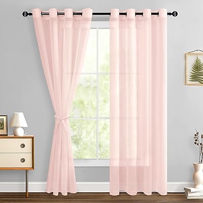 Hiasan Sheer Curtains 84 Inches Long with Tiebacks, Light Filtering Semi Transparent Lightweight Voile Grommet Window Curtains for Bedroom, Living Room, W52 x L84, Blush Pink, Set of 2 Drape Panels