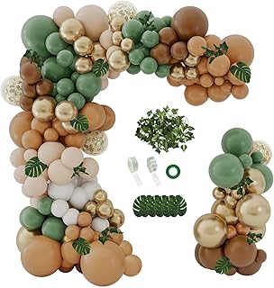 iLaFm 142PCS Sage Green Brown Balloon Garland Kit Jungle Safari Wild Woodland Balloon Arch Olive Green Gold Coffee Cocoa B...