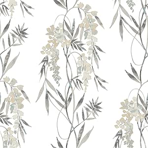 RoomMates RMK12183PLW White Nouveaux Wisteria Peel and Stick Wallpaper,taupe, grey