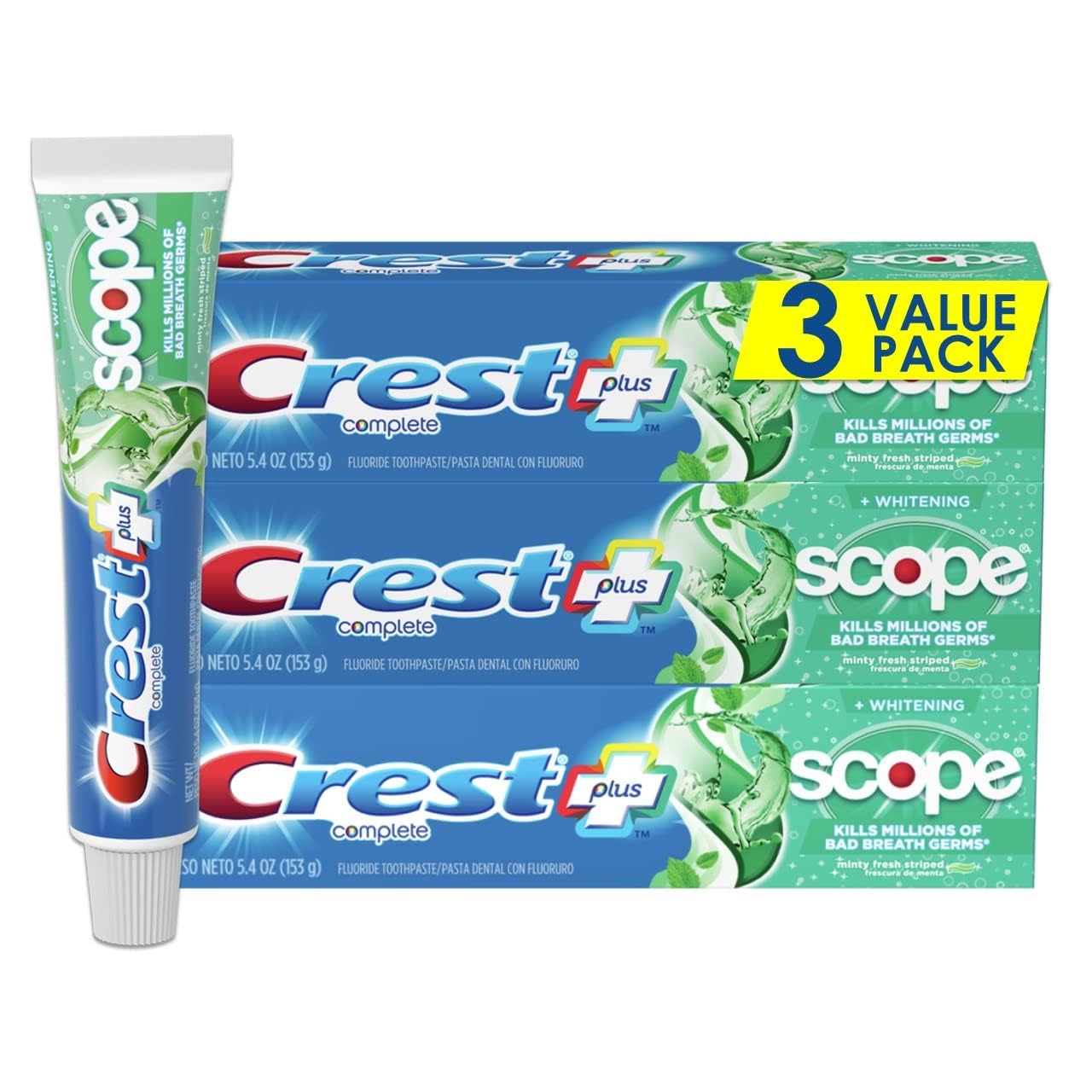 Crest + Scope Whitening Toothpaste - Pack of 3, 5.4 Oz Tubes - Anticavity Fluoride Toothpaste, Fresh Breath, Kills Germs - Tartar Protection, Enamel Protection - Minty Fresh Flavor