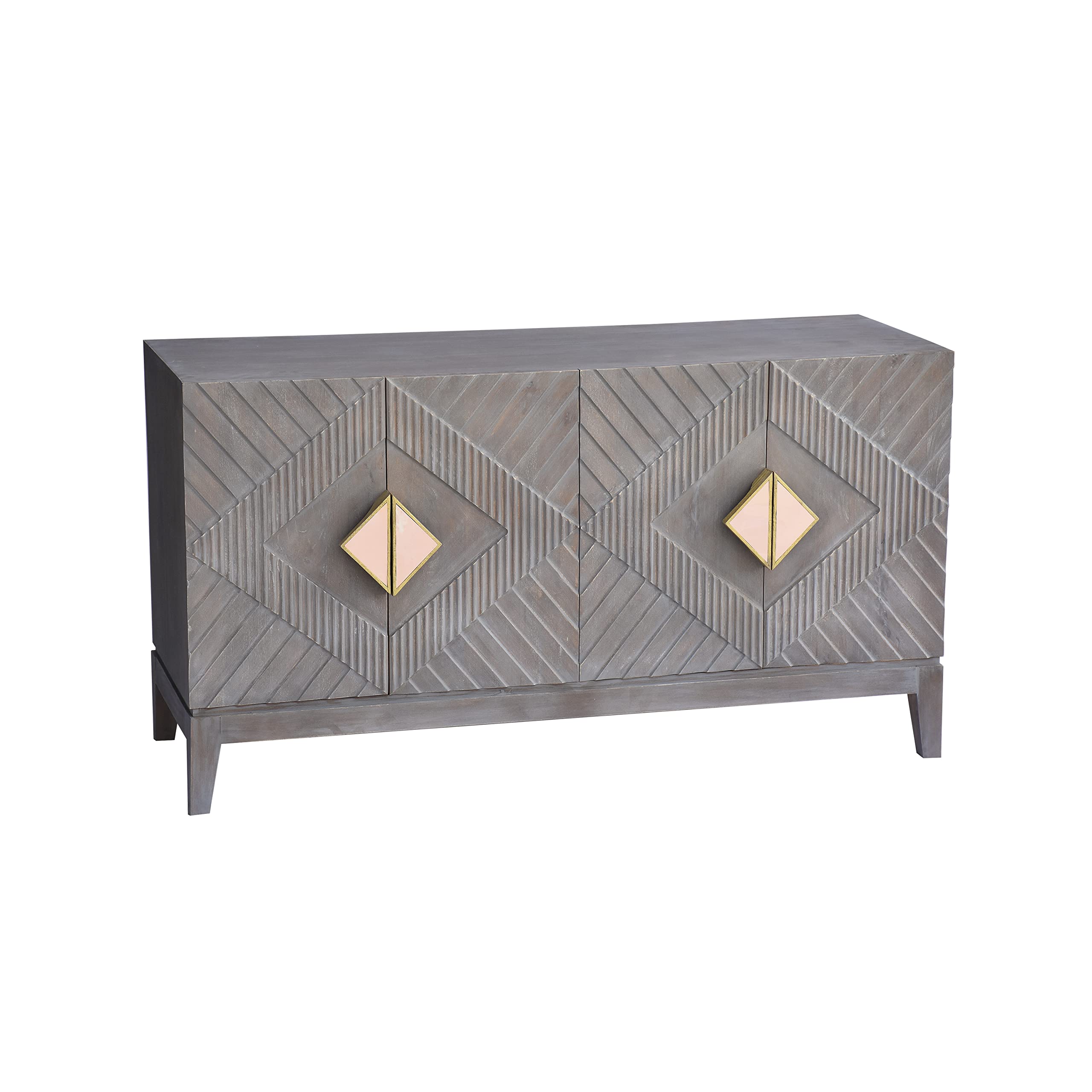 The Urban Port Abiel 55-Inch Mango Wood Sideboard Buffet Cabinet Console, 4 Doors, Inner Shelf, Ornate Diamond Carving, Gray and Gold