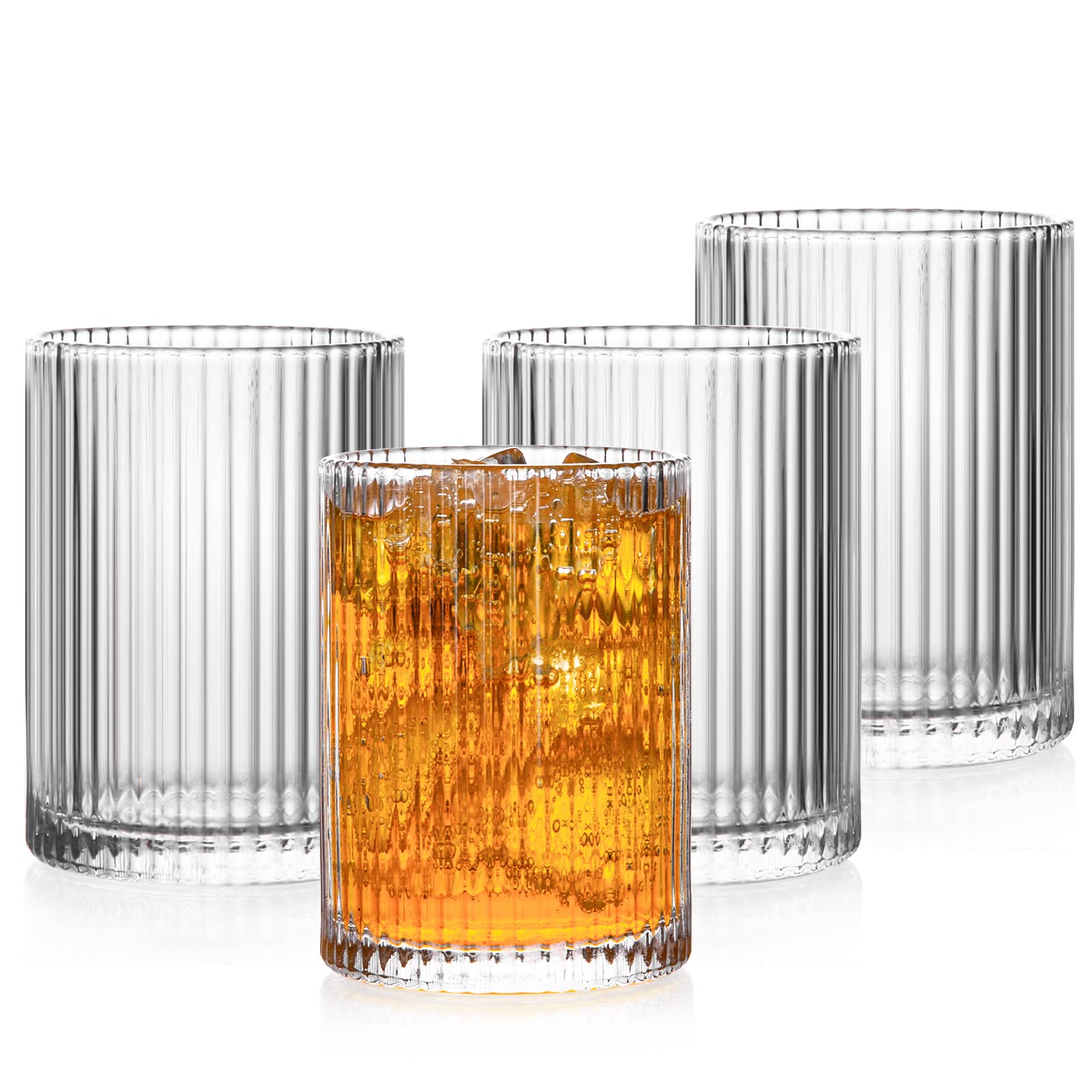 POLIDREAM Ribbed Glasses Set of 4 Drinking Glasses 280ml Vintage Origami Style Glassware Embossed Glass Tumblers Decorative Cocktail Art Deco Drinking Glass for Whiskey Juice Bar Restaurants