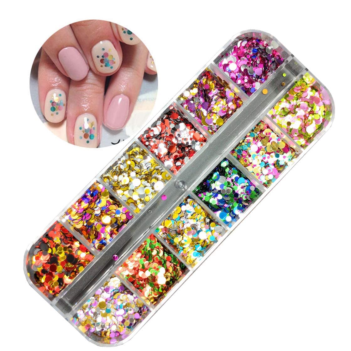 D.B.Z.® 12 Colors Laser Mixed Circle Nail Glitter Sequins 3D Nail Art Accessories Round Shape Flakes Nail Art Design Acrylic Nails Supplies Women Manicure Beauty Decor DIY Crafts Decorations