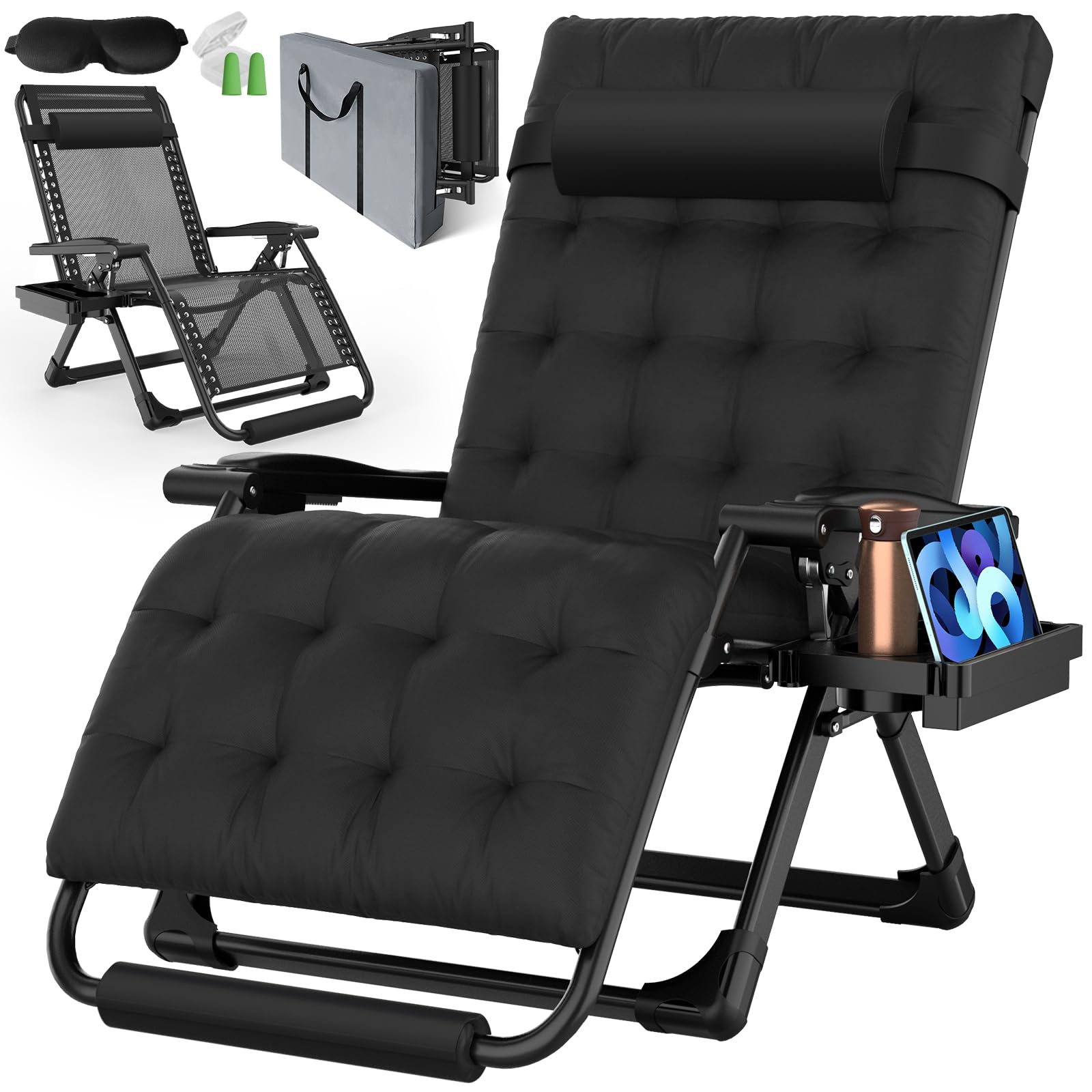 Oversized Zero Gravity Chair, 33In XXL Padded Lounge Chair, Recliner Chair W/Cushion& Storage Bag, Footrest, Reinforced Full-Alu Alloy Lock, Larger Cup Holder, for Indoor Outdoor, 500lbs Max