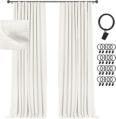 INOVADAY 100% Blackout Curtains for Bedroom, Black Out Curtains Clip Rings/Rod Pocket Linen Blackout Drapes 2 Panels Set, Thermal Insulated Drapes for Living Room, Ivory, W50 x L108