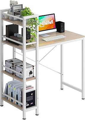 4NM 35" Small Computer Desk with 4-Tier Bookshelf, Home Office Desk Writing Workstation Study Table Multipurpose for Small Space Work - Natural and White