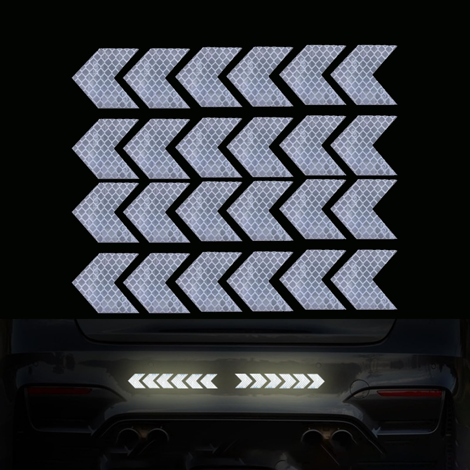 24 PCS Arrow Reflective Stickers, Rear Bumper Safety Warning Stripe Sticker, Night Visibility Waterproof Adhesive Decals, Car Guidance Decoration, Universal for Car, Motorcycle (White)