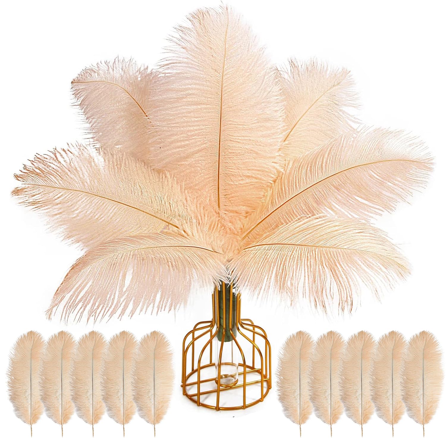 10PCS Ostrich Feathers,25-30cm/9.8-11.8in Craft Feathers Ostrich Champagne Plume for DIY Crafts Table Vase Home Wedding Holiday Halloween Christmas Home Decorations(Champagne)