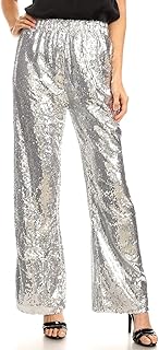 Anna-Kaci Women's Elastic Waist Sparkly Sequin 70's Disco Wide Leg Flare Palazzo Pants