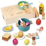 Wooden Play Cooking Set&comma;27pcs Pretend Play Food Toys Set for Kids Toddlers&comma; Wooden Kitchen Accessories Toys Set &comma;Cooking Toys with Play Dishes&comma;Pot and Pan&comma;Utensils&comma;Gifts for 3 4 5 Years Old Girls Boys