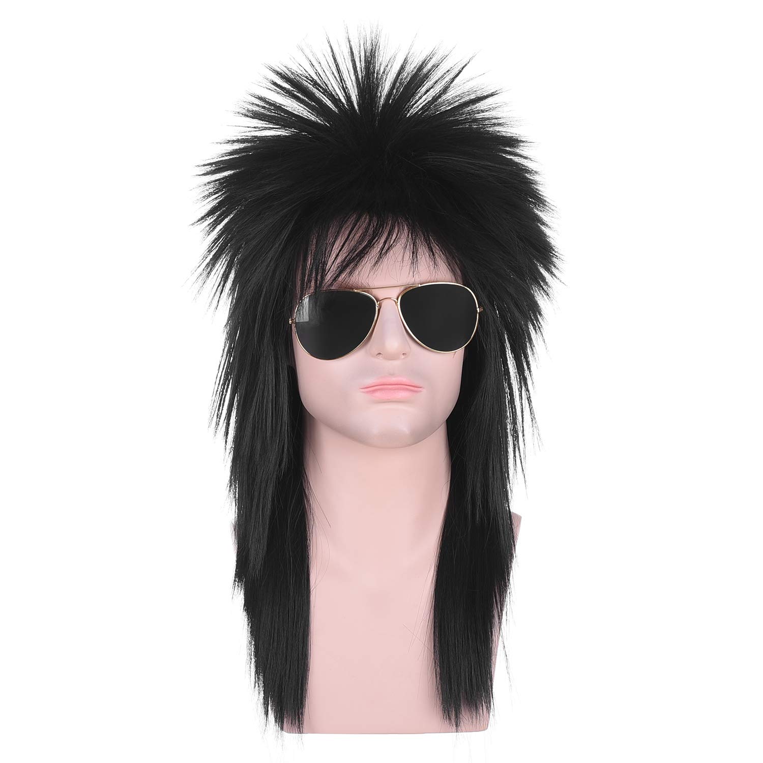 morvallyUnisex Long Black 70s 80s Mullet Cher Glam Rock-Rocker Cosplay Wigs for Women and Men’s Halloween, Themed Costume Party