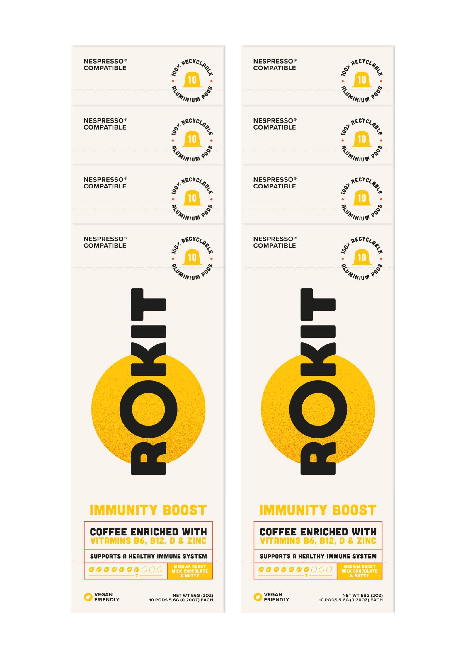 Rokit - Immunity Boost Coffee, Roasted 100% Arabica Specialty Coffee Enriched with Vitamins B6, B12 D & Zinc, Compatible with Nespresso Coffee Machines, 80 Pods, Recyclable Aluminium Capsules