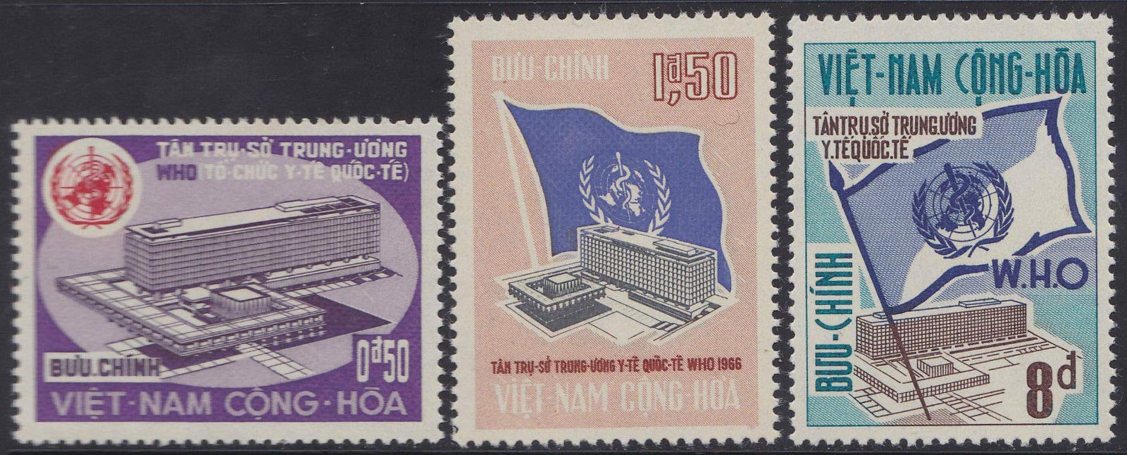 South Vietnam Stamps - 1966, Scott 291-3, WHO Building Geneva - MNH, F-VF