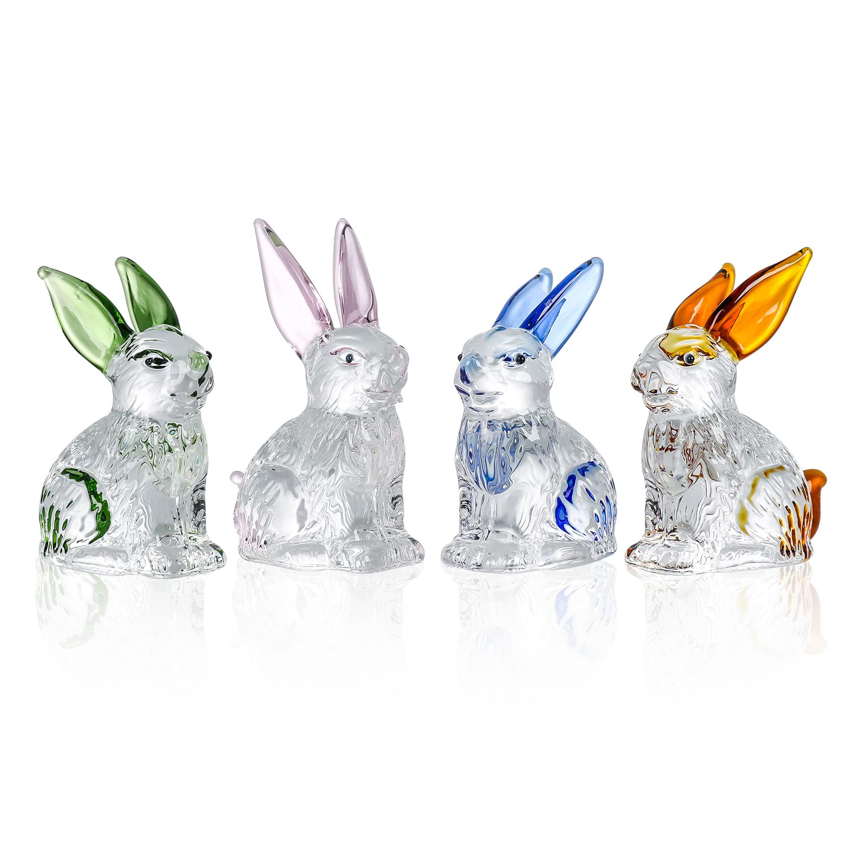 Movdyka Set of 4 Little Glass Rabbits Figurines Cute Crystal Bunny Collectibles Statues Animal Decor Ornament Table Centerpiece