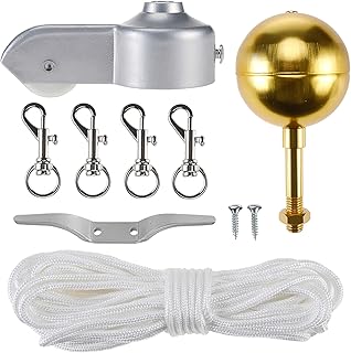 Yaegoo Flagpole Hardware Repair Parts Kit - 50 Feet Flag Halyard Rope, 3" Topper Gold Ball, 6" Cleat Hook with 2 Screws, 4...