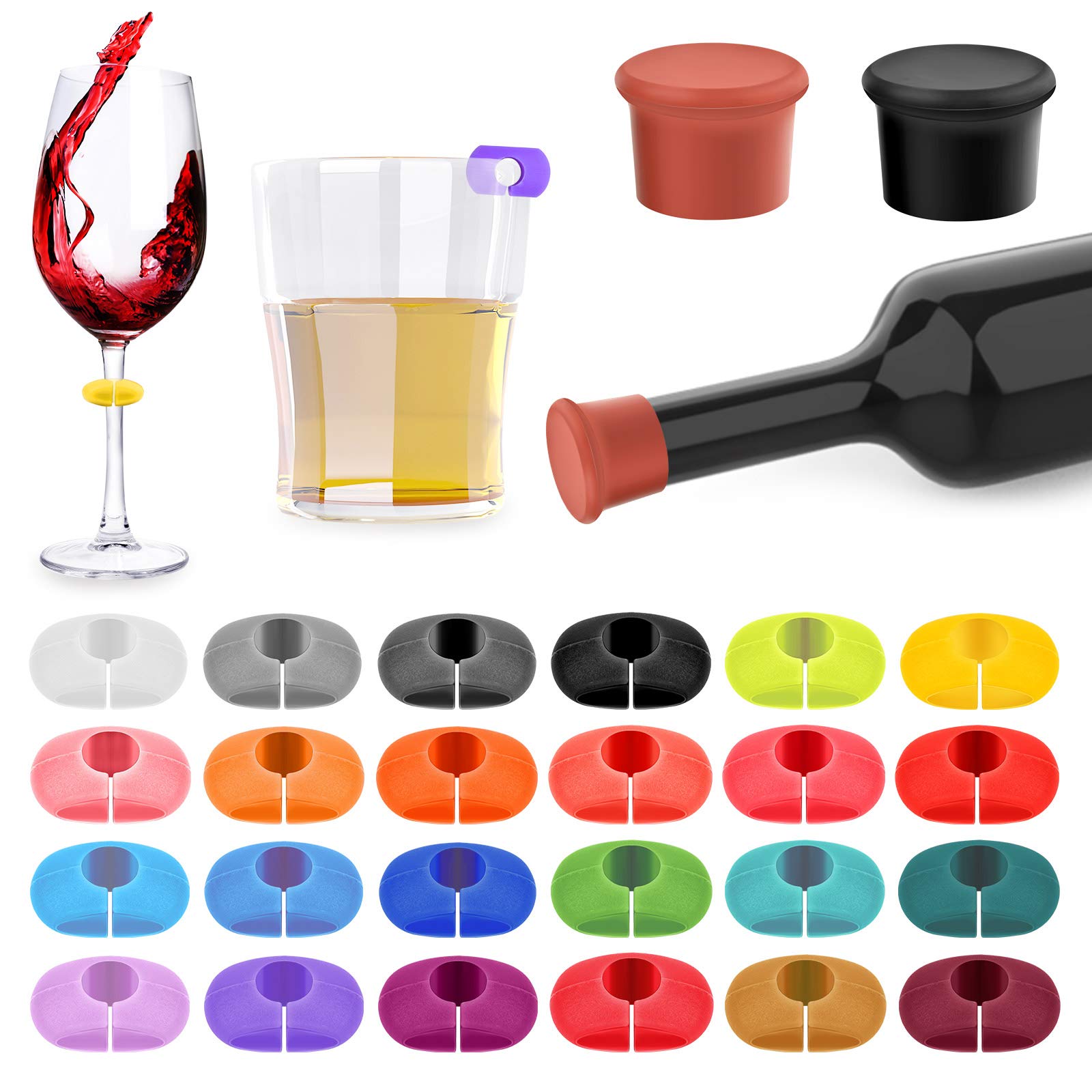 Lasiyanor 26Pcs Wine Glass Charms Tags with Bottle Stopper, Silicone Wine Glass Drink Markers for Bar Party Martinis Cocktail Champagne Stem Glasses