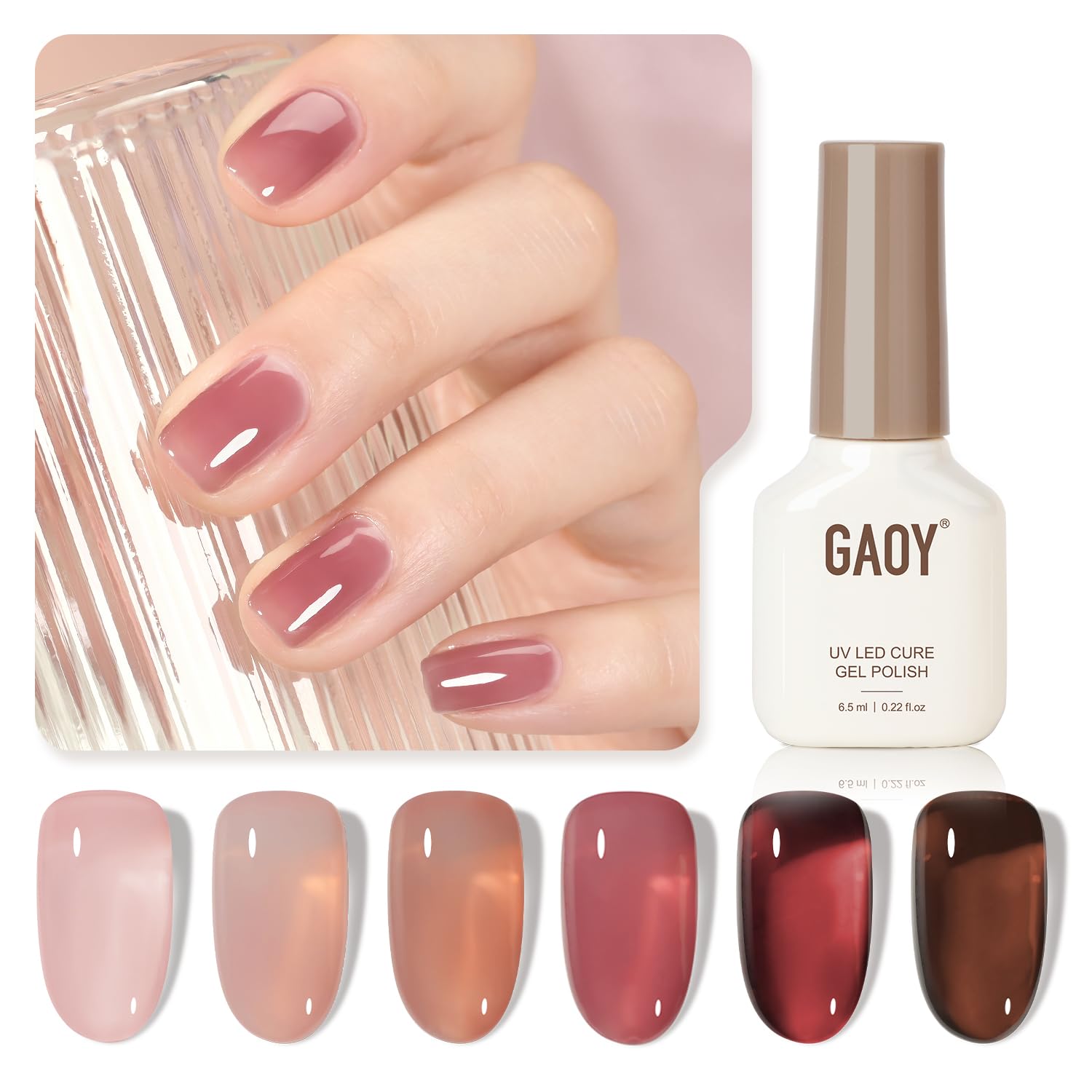 GAOYRose Garden Jelly Gel Nail Polish of 6 Transparent Nude Red Pink Brown Colors Sheer Gel Polish Kit for Salon Gel Manicure and Nail Art DIY at Home