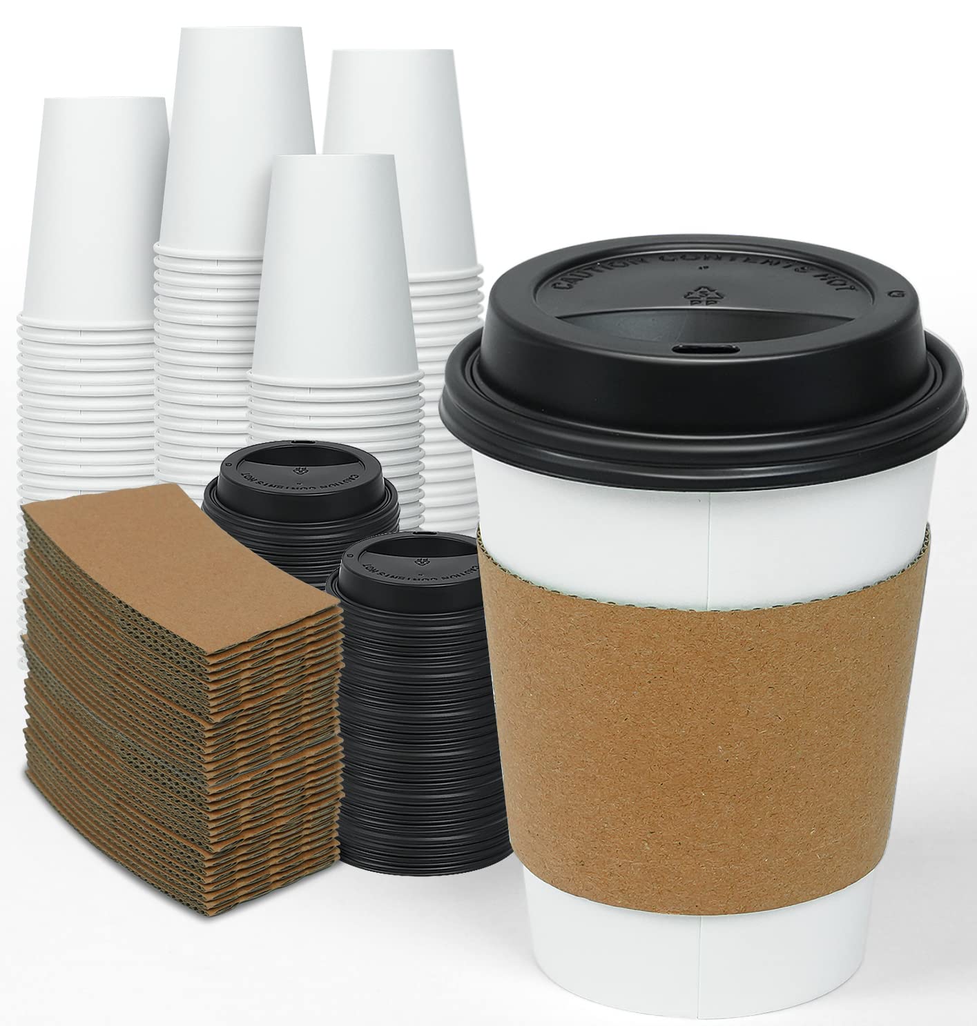 Photo 1 of Ginkgo [100 Pack 12 oz Disposable Thickened Paper Coffee Cups with Lids and Sleeves, To Go Hot Coffee Cups for Home, Office, Wedding and Cafes White, Brown, Black