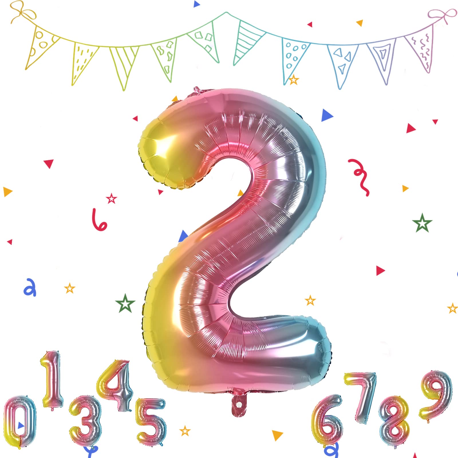 Gradient 2 Balloons, Rainbow Number 2 Balloon, 2 Birthday Balloons Helium Mylar Digital Balloons 40 Inch Foil Balloon Number 0-9 for Boys Girls Birthday Party Anniversary Decorations