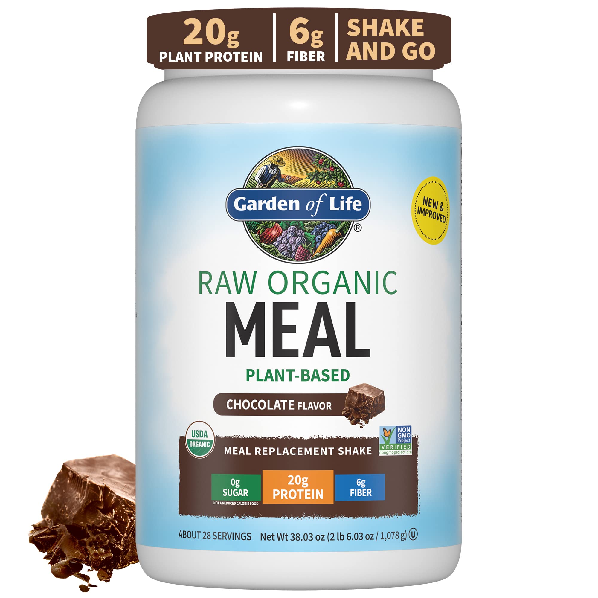 Tasty Organic Chocolate Meal Replacement Shake Vegan - Garden of Life - 20g Complete Plant Based Protein, Greens, Digestive Enzymes, Pro & Prebiotics for Easy Digestion – Non-GMO, Gluten-Free, 2.4 LB